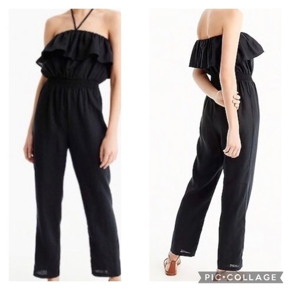 J CREW Women’s Black Linen Ruffle Romper Halter Full Length Elastic Waist XXXS - Picture 1 of 10